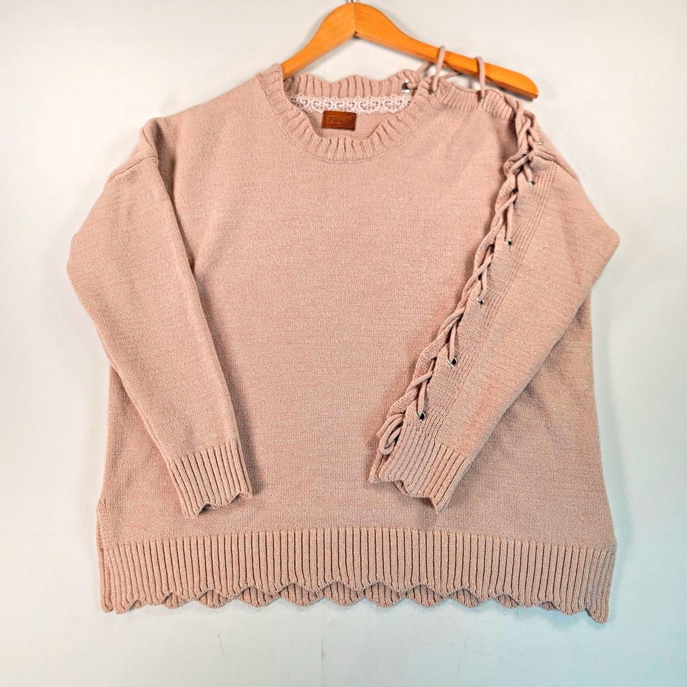 POL Sweater Womens S Blush Beige Lace Up Sleeve Oversized Boho Scallop Hem